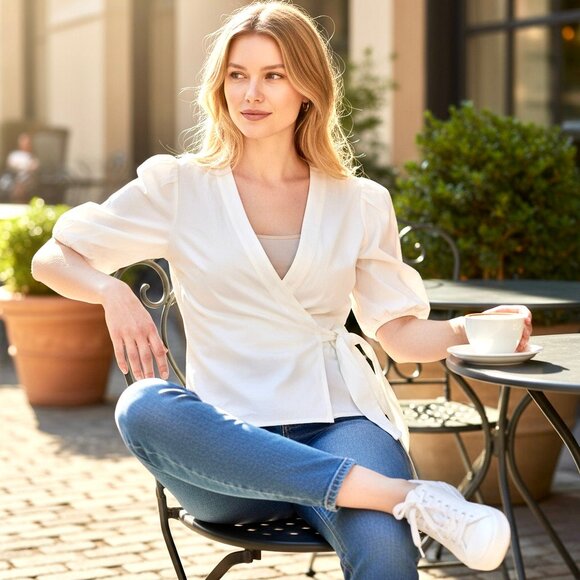 Kenneth Cole Reaction White Top Tie Sash Puffy Sleeve Wrap NEW - Picture 1 of 14